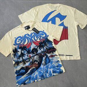 Embroidered Graphic Tee in Cream and Blue